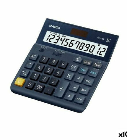 Set of 10 black Casio DH-12ET calculators, office electronic devices for quick calculations and office work.