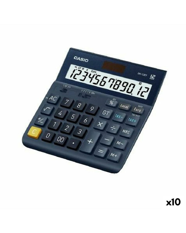 Set of 10 black Casio DH-12ET calculators, office electronic devices for quick calculations and office work.