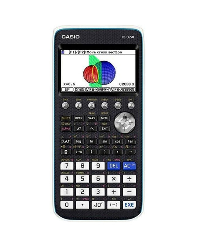 Set of five Casio FX-CG50 graphic calculators in black, showing their front view with screens and keypad.