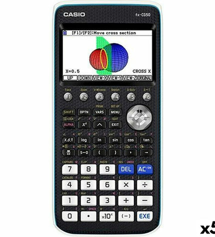 Set of five Casio FX-CG50 graphic calculators in black, showing their compact design and screen display.