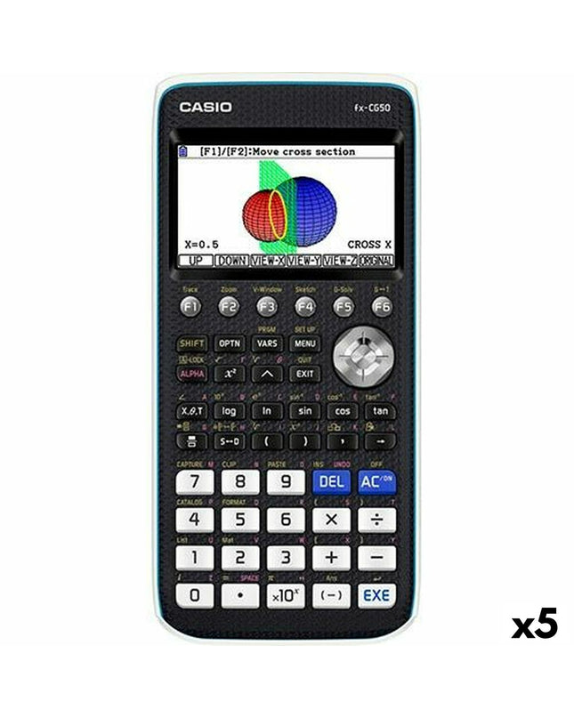 Set of five Casio FX-CG50 graphic calculators in black, showing their compact design and screen display.