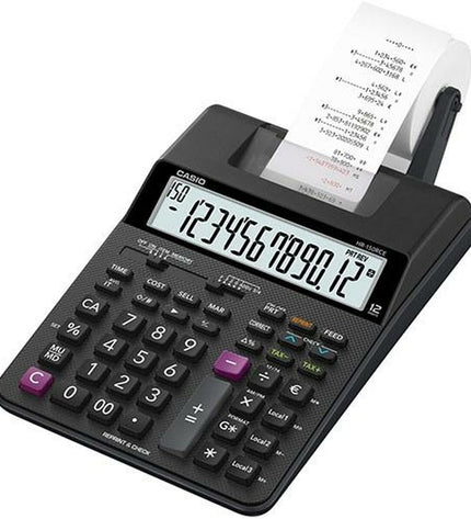 Set of 10 black Casio HR-150RCE printing calculators, office electronics and stationery for accounting and calculations.