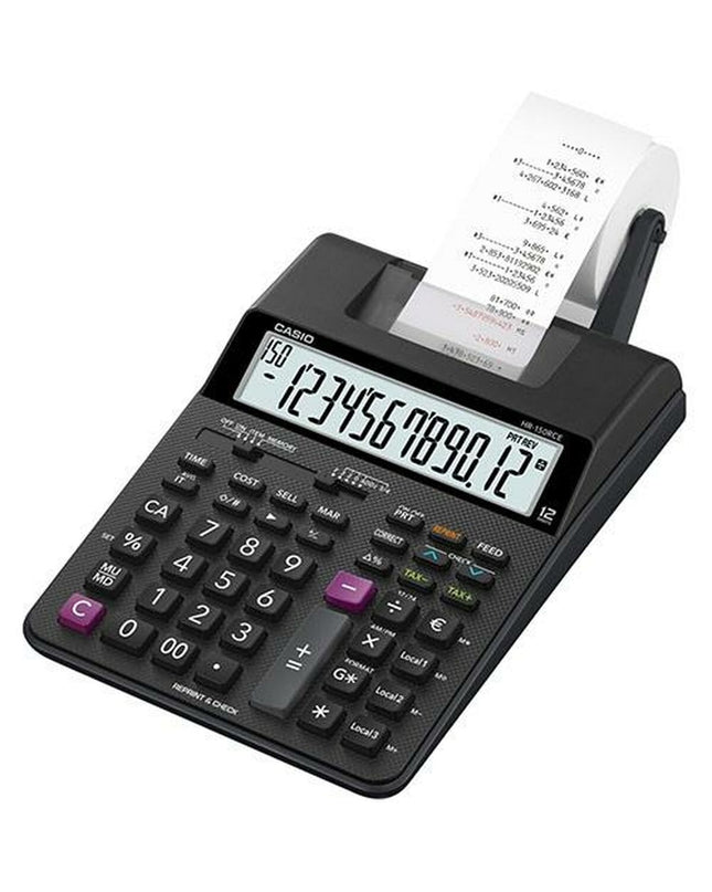 Set of 10 black Casio HR-150RCE printing calculators, office electronics and stationery for accounting and calculations.