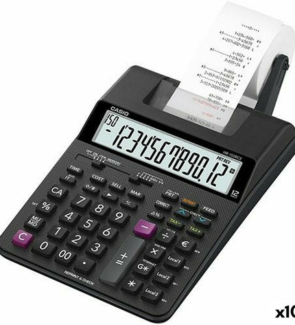 Set of 10 black Casio HR-150RCE printing calculators, office electronics and stationery for accurate calculations.