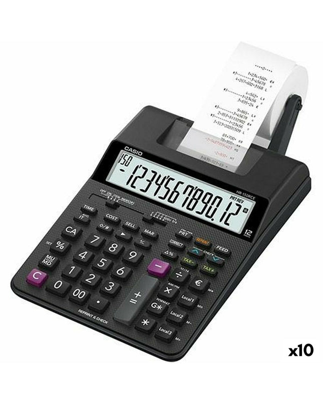 Set of 10 black Casio HR-150RCE printing calculators, office electronics and stationery for accurate calculations.