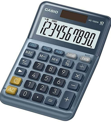 Set of 10 blue Casio MS-100EM calculators, compact office electronic devices for basic calculations, ideal for office and school use.