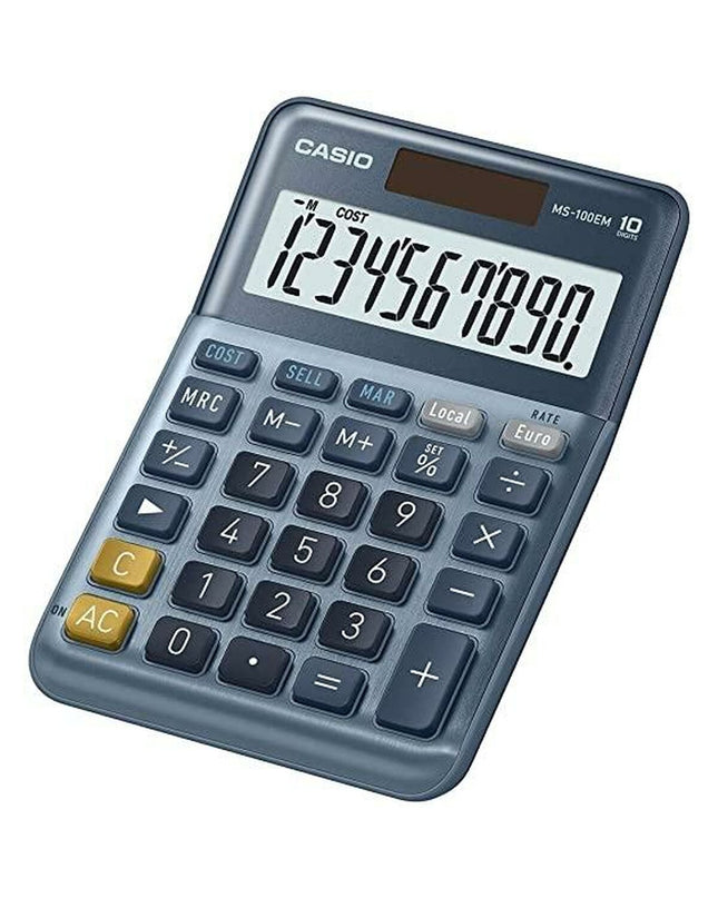Set of 10 blue Casio MS-100EM calculators, compact office electronic devices for basic calculations, ideal for office and school use.