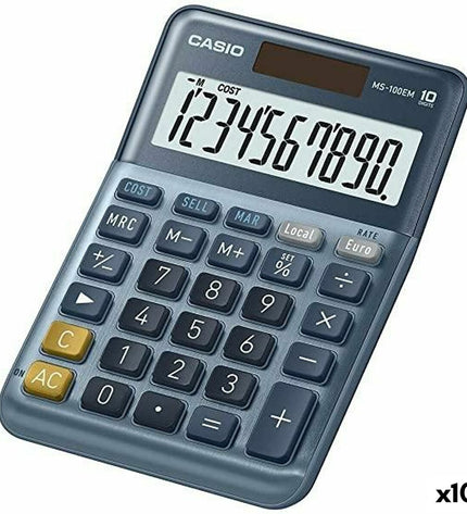 Set of 10 Casio MS-100EM blue calculators, compact office electronic devices for quick calculations, perfect for office use.