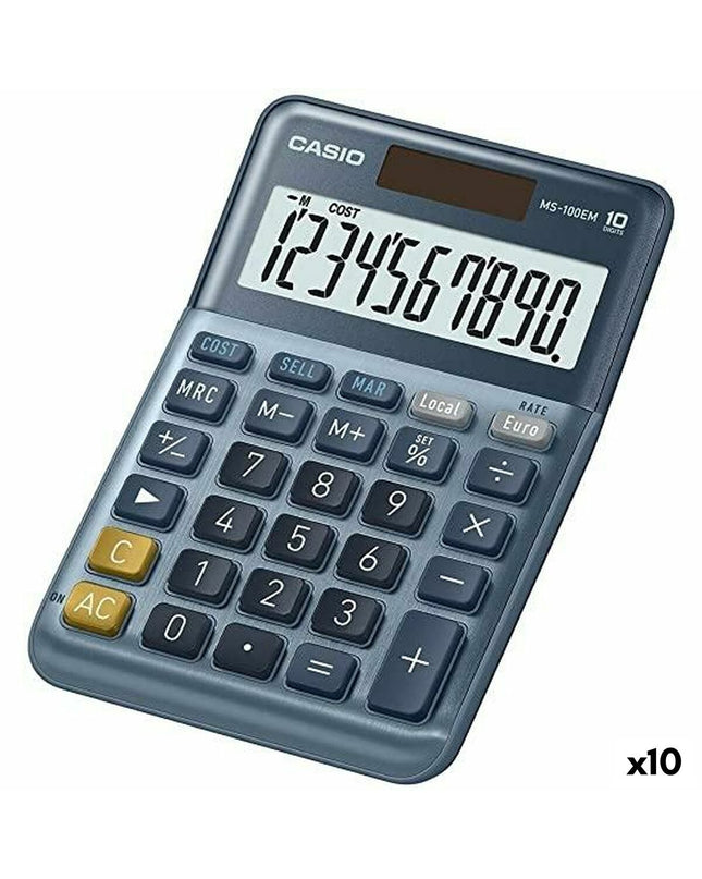 Set of 10 Casio MS-100EM blue calculators, compact office electronic devices for quick calculations, perfect for office use.