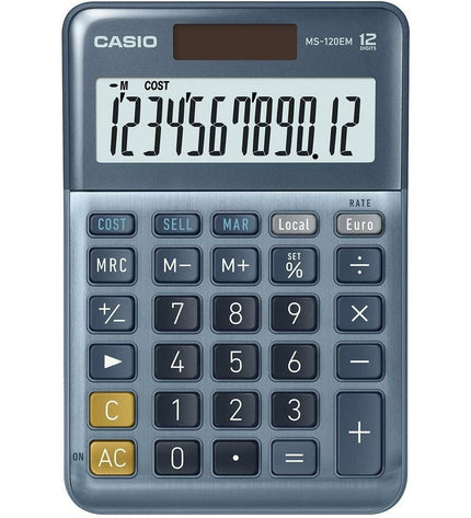 Set of 10 Casio MS-100EM blue calculators, compact office electronic devices for basic calculations, ideal for office use.