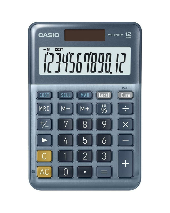 Set of 10 Casio MS-100EM blue calculators, compact office electronic devices for basic calculations, ideal for office use.