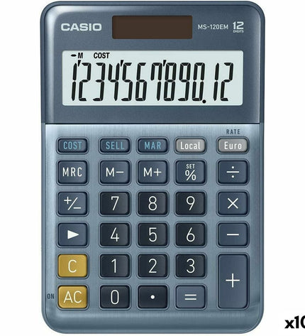 Blue Casio MS-100EM calculator for office use, shown with 10 units, featuring a compact design and digital display.