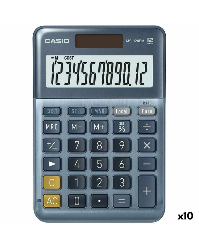 Blue Casio MS-100EM calculator for office use, shown with 10 units, featuring a compact design and digital display.