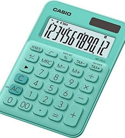 Set of 10 Casio MS-20UC green calculators, office electronics with 2.3x10.5x14.95 cm size, suitable for office and stationery use.