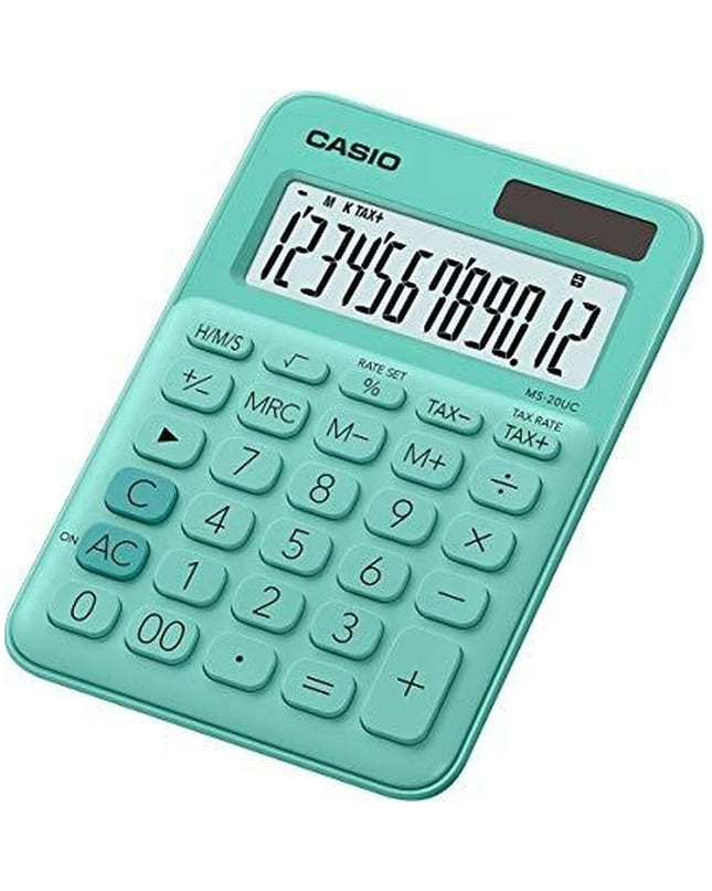 Set of 10 Casio MS-20UC green calculators, office electronics with 2.3x10.5x14.95 cm size, suitable for office and stationery use.