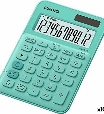 Set of 10 green Casio MS-20UC calculators for office use, featuring a compact 2.3 x 10.5 x 14.95 cm design.