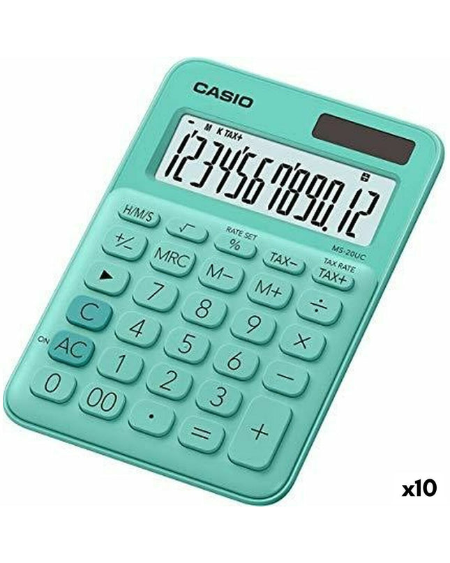 Set of 10 green Casio MS-20UC calculators for office use, featuring a compact 2.3 x 10.5 x 14.95 cm design.