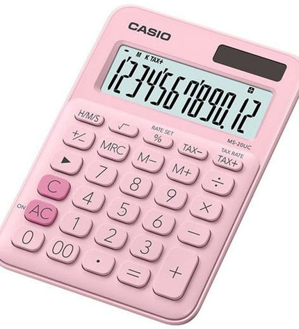 Set of 10 Casio MS-20UC pink calculators with digital display, compact size, ideal for office and stationery use.