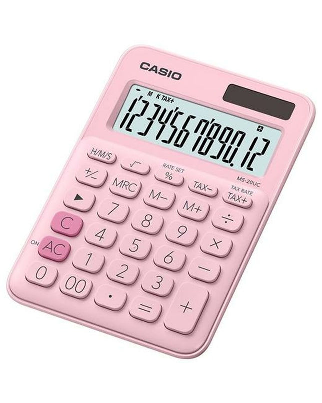 Set of 10 Casio MS-20UC pink calculators with digital display, compact size, ideal for office and stationery use.