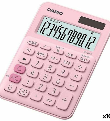 Casio MS-20UC pink calculator with 2.3 x 10.5 x 14.95 cm size, office electronics, showing keypad and display.