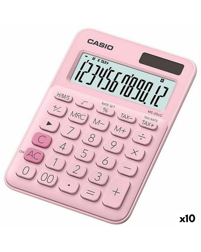 Casio MS-20UC pink calculator with 2.3 x 10.5 x 14.95 cm size, office electronics, showing keypad and display.