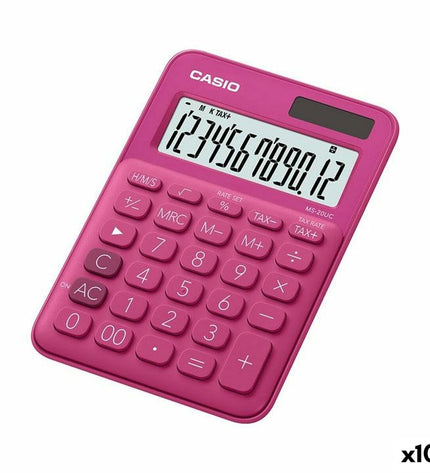 Casio MS-20UC fuchsia calculator with digital display, compact office electronic, shown with 10 units on a white background.