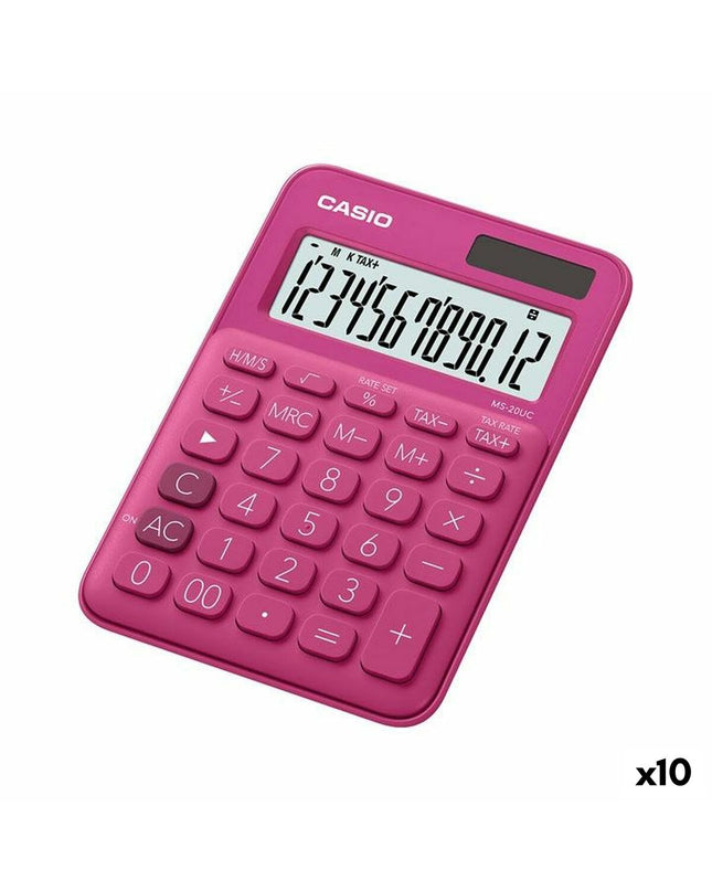 Casio MS-20UC fuchsia calculator with digital display, compact office electronic, shown with 10 units on a white background.