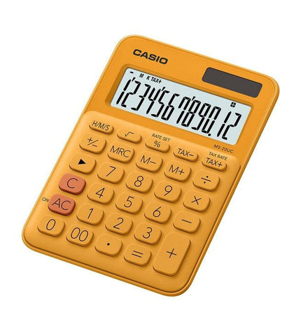 Set of 10 orange Casio MS-20UC calculators, compact office electronic devices with 2.3 x 10.5 x 14.95 cm size, shown in a group.