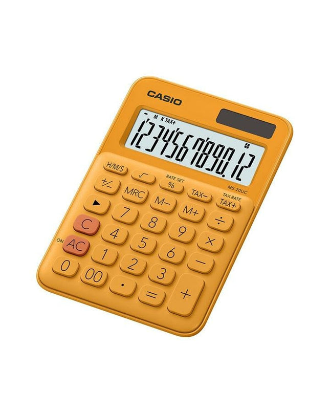 Set of 10 orange Casio MS-20UC calculators, compact office electronic devices with 2.3 x 10.5 x 14.95 cm size, shown in a group.