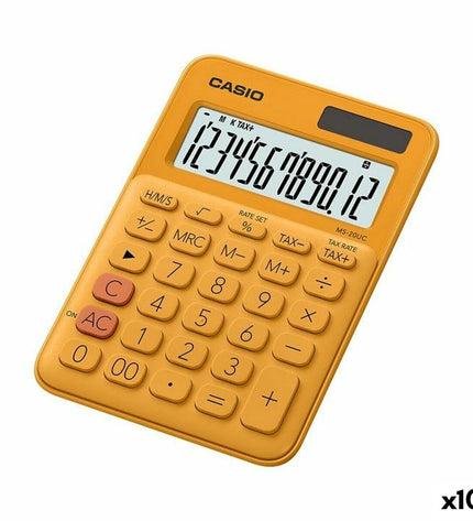 Orange Casio MS-20UC calculator with 2.3 x 10.5 x 14.95 cm dimensions, shown as part of office electronics and stationery set.