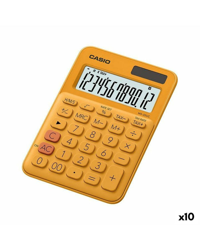 Orange Casio MS-20UC calculator with 2.3 x 10.5 x 14.95 cm dimensions, shown as part of office electronics and stationery set.