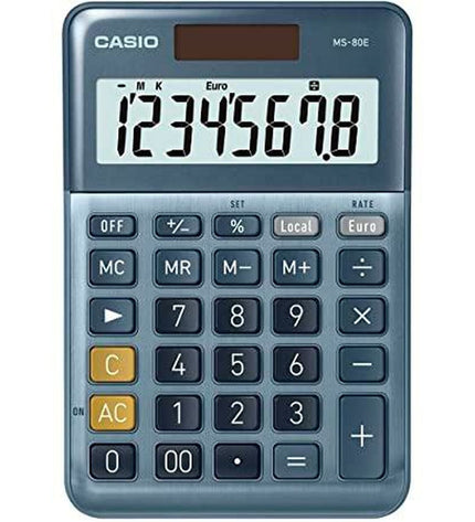 Ten blue Casio MS-80E calculators for office use, featuring basic functions and compact design.