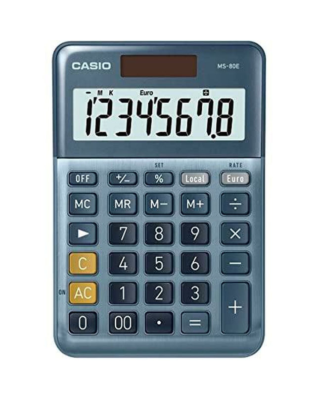 Ten blue Casio MS-80E calculators for office use, featuring basic functions and compact design.