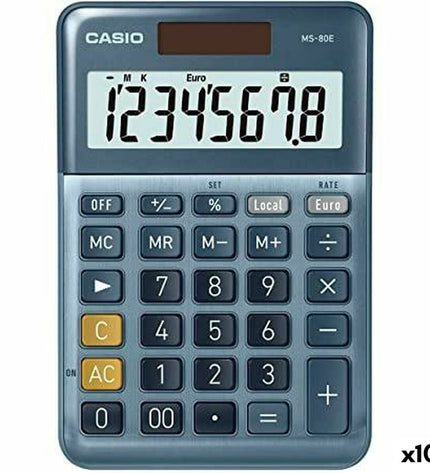 Set of 10 Casio MS-80E blue calculators, compact office electronic devices with numeric keypad and display.