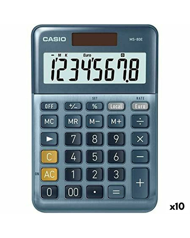 Set of 10 Casio MS-80E blue calculators, compact office electronic devices with numeric keypad and display.