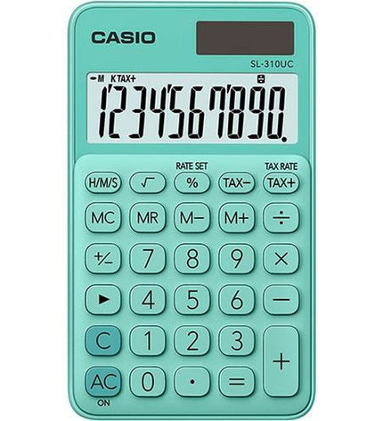 Set of 10 Casio SL-310UC green calculators showing keypad, display, and compact design for office use.