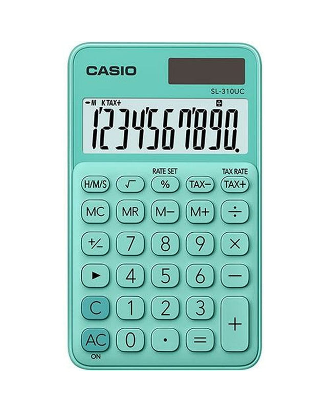 Set of 10 Casio SL-310UC green calculators showing keypad, display, and compact design for office use.