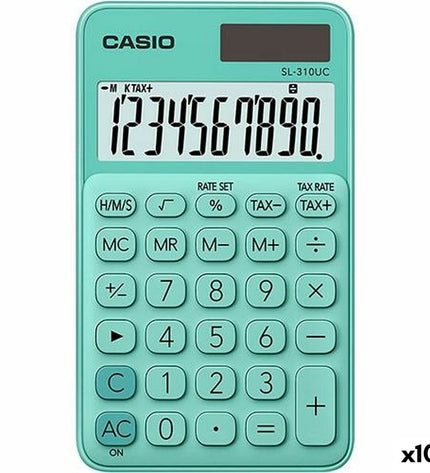 Set of 10 Casio SL-310UC green calculators, compact office electronic devices with numeric keypad and display screen