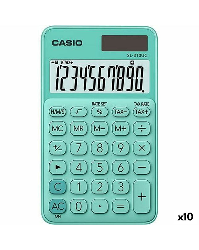 Set of 10 Casio SL-310UC green calculators, compact office electronic devices with numeric keypad and display screen