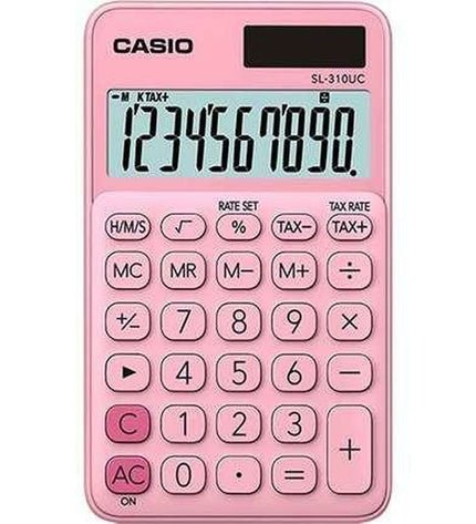 Set of 10 pink Casio SL-310UC calculators, compact office electronics with numeric keypad and LCD display.