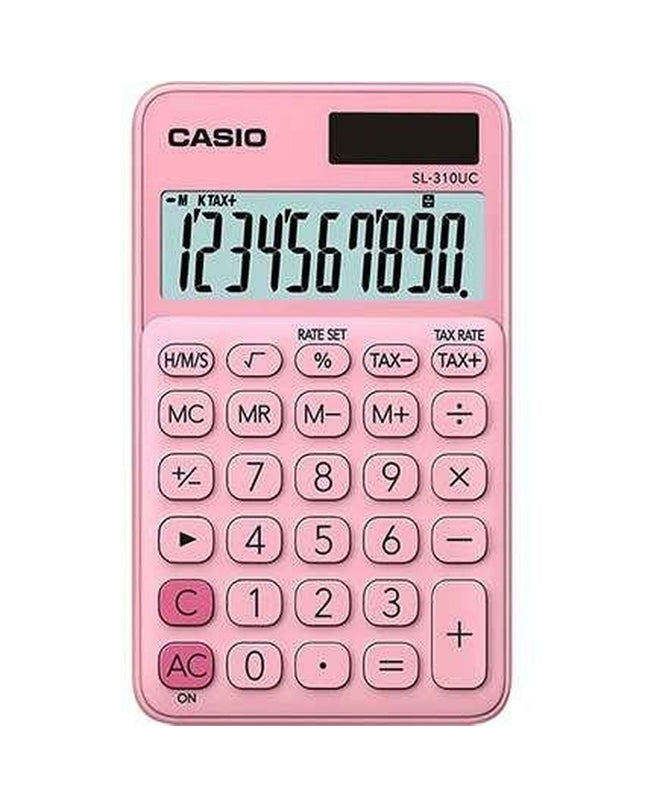 Set of 10 pink Casio SL-310UC calculators, compact office electronics with numeric keypad and LCD display.