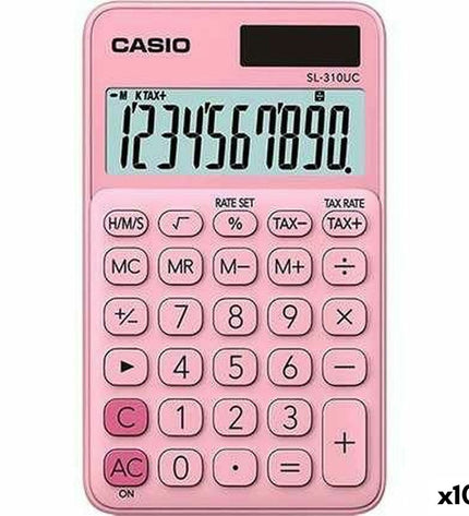 Set of 10 pink Casio SL-310UC calculator icons for office electronics and stationery, showing compact design and colorful keys.
