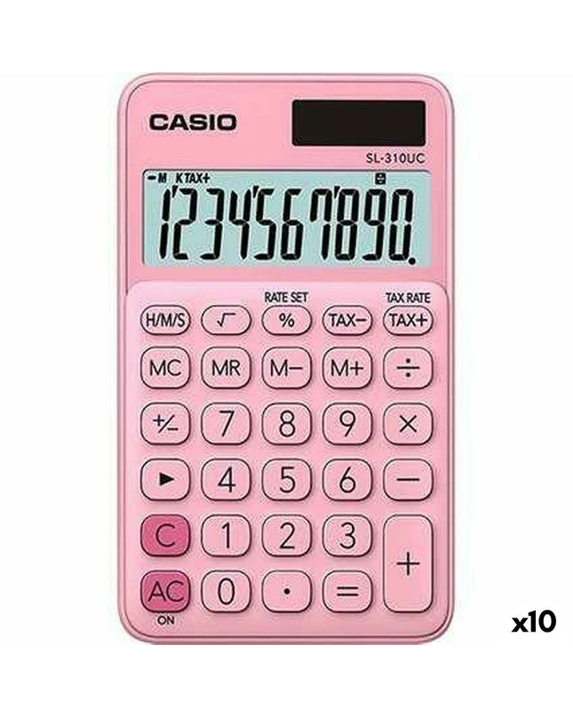 Set of 10 pink Casio SL-310UC calculator icons for office electronics and stationery, showing compact design and colorful keys.