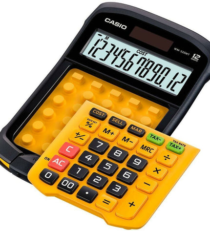Set of 10 yellow and black Casio WM-320MT calculators, compact office electronic devices with numeric keypads and display screens.