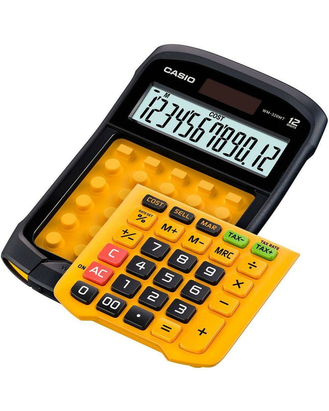 Set of 10 yellow and black Casio WM-320MT calculators, compact office electronic devices with numeric keypads and display screens.