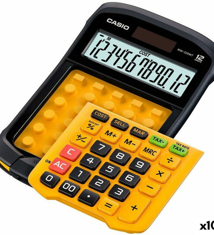 Set of 10 yellow and black Casio WM-320MT calculators, compact office electronics with 3.3 x 10.9 x 16.9 cm dimensions.
