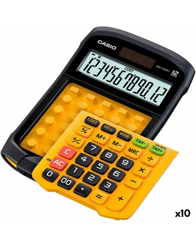 Set of 10 yellow and black Casio WM-320MT calculators, compact office electronics with 3.3 x 10.9 x 16.9 cm dimensions.