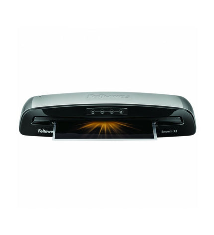 Two Fellowes Saturn-3I A3 lamination machines in black, designed for office use, with control panels and lamination slots visible.