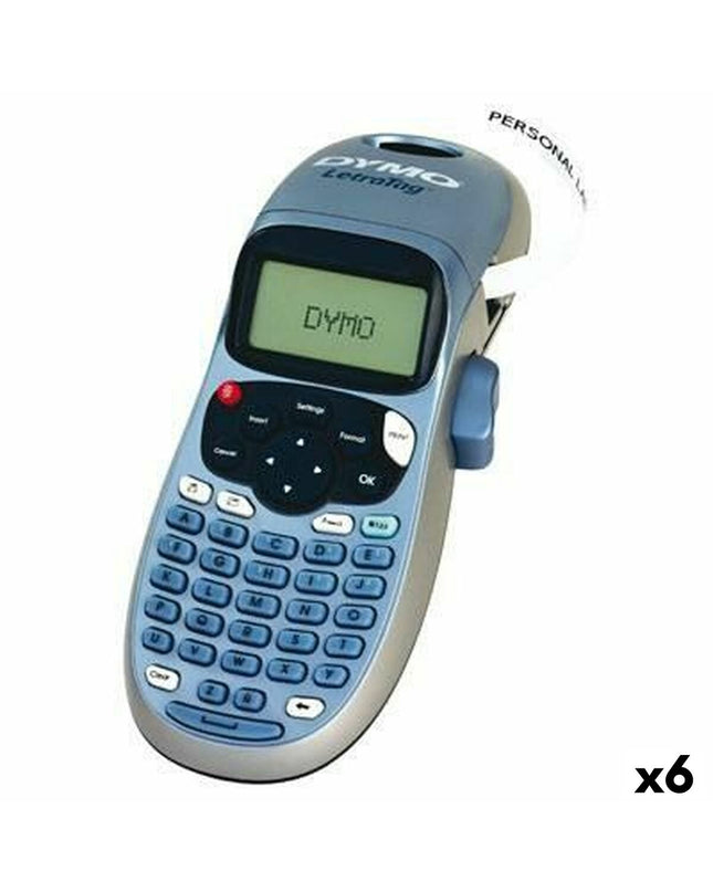 Six Dymo LetraTag LT-100H electric labelmakers in blue and gray, ideal for office labeling and organization.