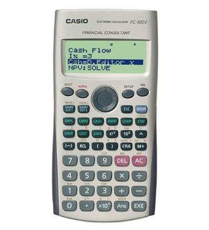 Ten gray Casio FC-100V scientific calculators for office and school use, featuring a compact design and advanced functions.